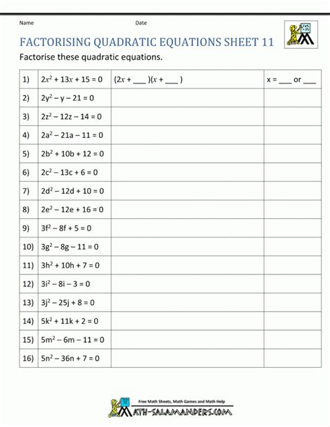 Factoring And Solving Quadratic Equations Worksheet