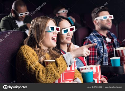 Young Smiling Friends Glasses Popcorn Watching Film Movie Theater Stock ...