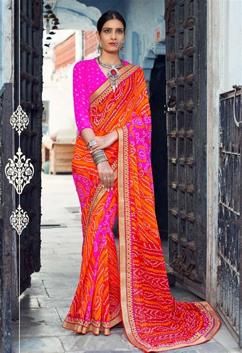 Shaded Georgette Jaipuri Bandhani Print Saree with golden heavy lace border | Party wear sarees ...