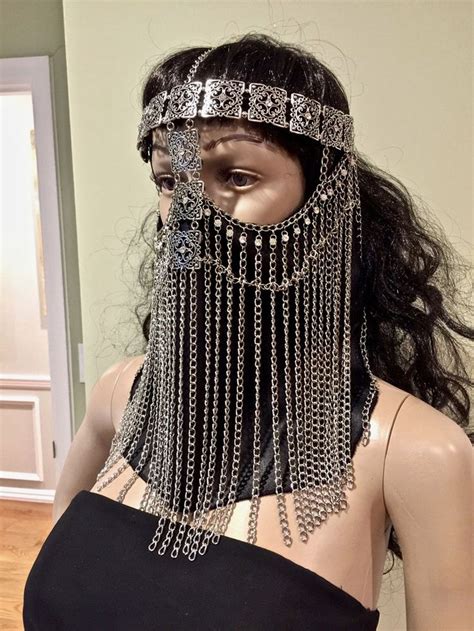 Chains Face Mask With Attached Cloth Mask. Silver Tone Arabian Bedouin ...