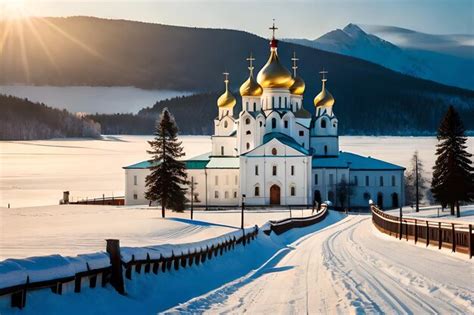 Premium AI Image | a church in the snow with a mountain in the background.