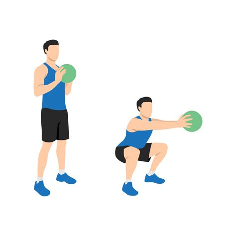 Man doing Medicine ball squat and reach exercise. Flat vector illustration isolated on white ...