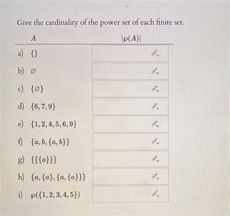 Solved Give the cardinality of the power set of each finite | Chegg.com