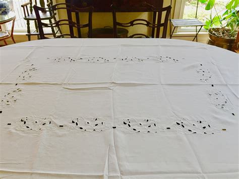 Vintage White Linen Tablecloth, Floral Cutwork Tablecloth Rectangular 68 x 90 Inches, White ...