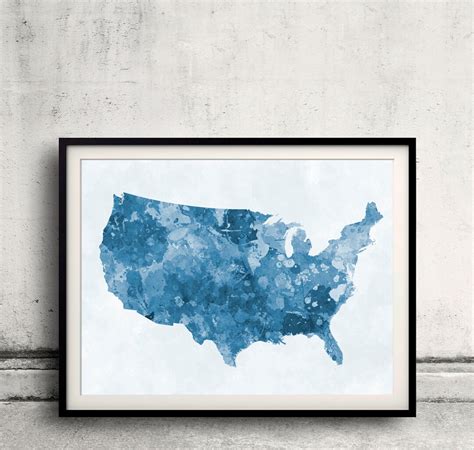 United States Map in Blue Watercolor Painting Abstract Splatters Fine Art Print Glicee Poster ...