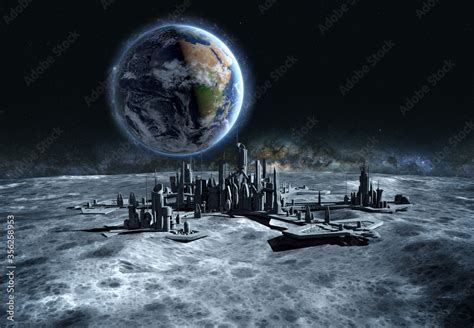 futuristic city, base, town on moon. The space view of the planet earth ...