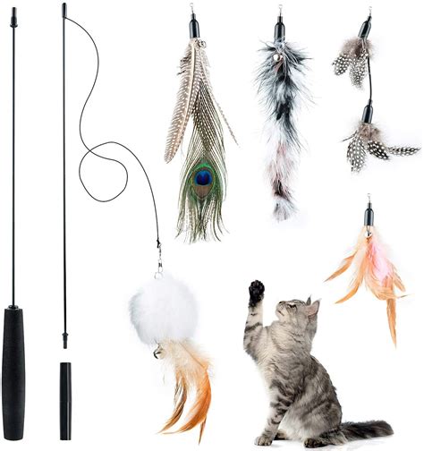 Czoele Cat Feather Toys,Interactive Cat Teaser Wand with 5 Refills, Cat ...