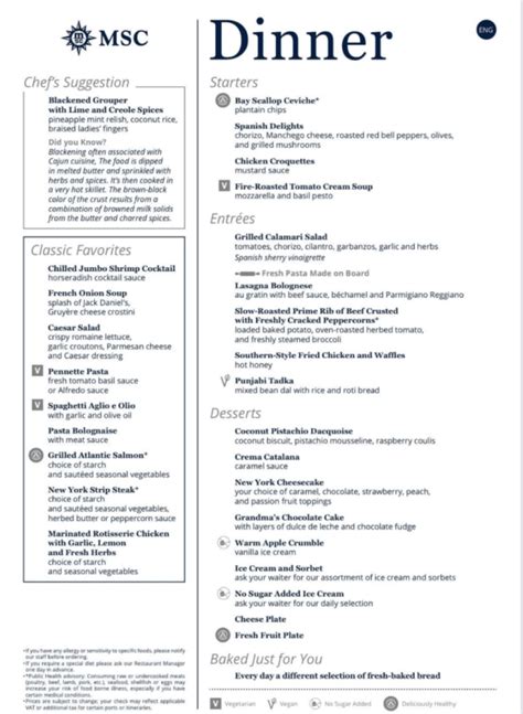 MSC Dinner Menus · Prof. Cruise