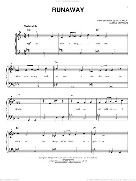 Del Shannon: Runaway sheet music for piano solo (PDF-interactive)