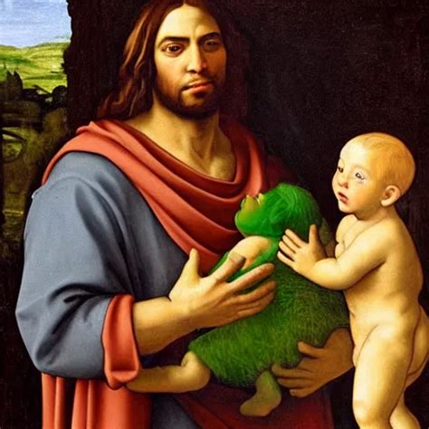 Renaissance painting of Shrek as Jesus holding an | Stable Diffusion