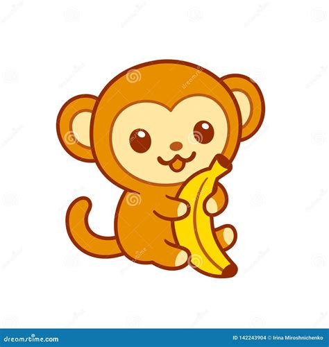 Cute Cartoon Baby Monkey with Banana Stock Vector - Illustration of friendly, character: 142243904