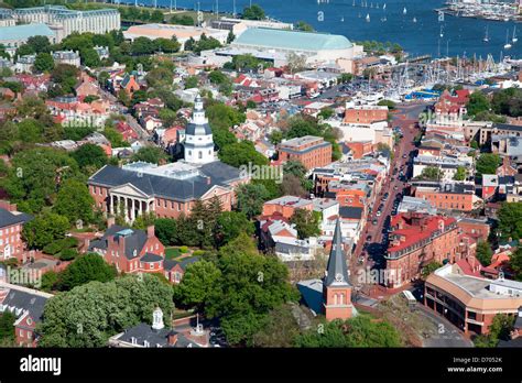 Aerial the Colonial Annapolis Historic District near the State House ...