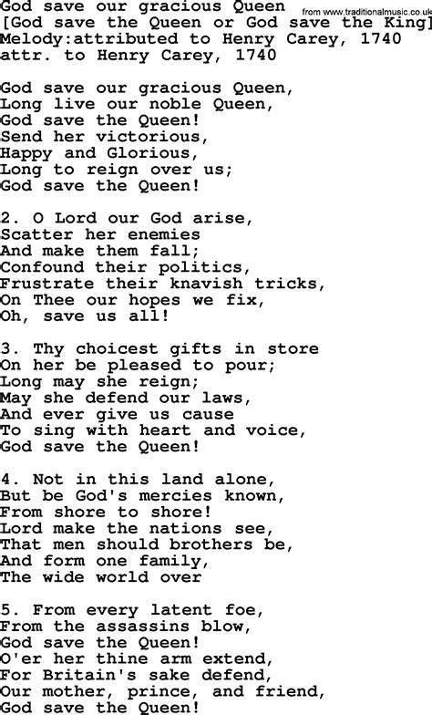 Old English Song Lyrics for God Save Our Gracious Queen, with PDF