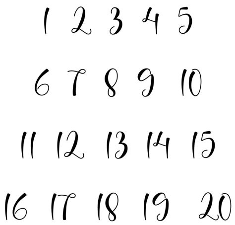 Set of Free Printable Cursive Numbers 1-20