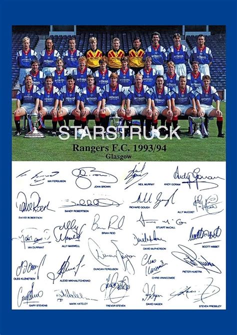 Glasgow Rangers FC 1993-94 Full Team Signed (Pre-Printed) Exclusive A4 ...