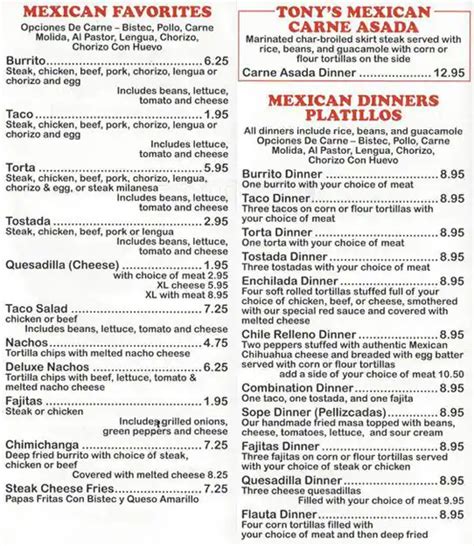 Menu at Tony's Mexican Grill restaurant, Lyons