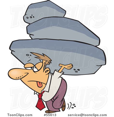 Cartoon Exhausted Business Man Carrying the Burden of a Heavy Boulder Load #55613 by Ron Leishman