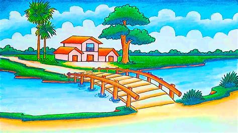 How to Draw a Village Scenery of Beautiful Village nature Indian ...