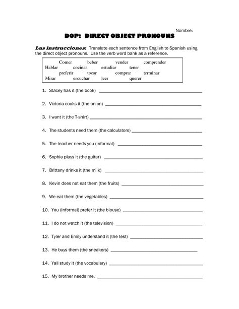 Answer Key Direct Object Pronouns Spanish Worksheet With Answers ...