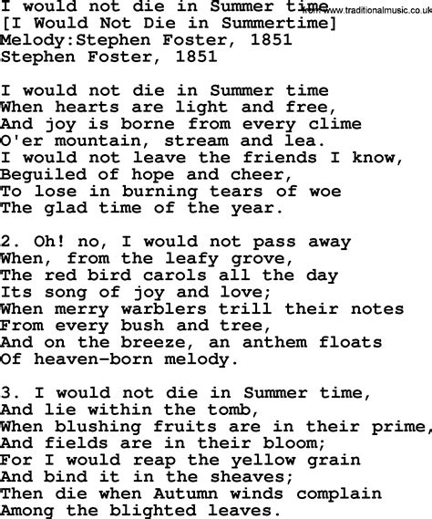 Old American Song - Lyrics for: I Would Not Die In Summer Time, with PDF