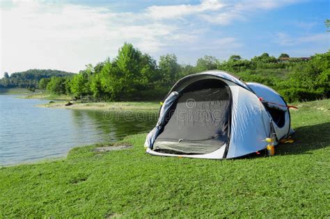 Camping Tent on the Lake Sunny Day Stock Photo - Image of extreme ...