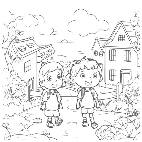 Two Boys Going To School Coloring Page For Kids In The Town Outline Sketch Drawing Vector ...