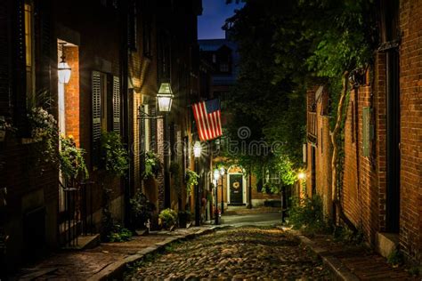 Acorn Street at Night, in Beacon Hill, Boston, Massachusetts. Stock Image - Image of ...