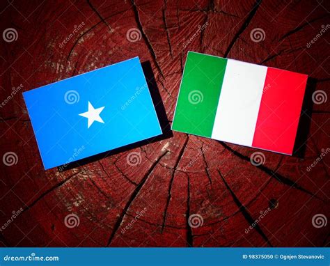 Somalian Flag with Italian Flag on a Tree Stump Isolated Stock ...