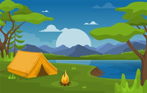 Camping adventure outdoor park lake nature landscape cartoon illustration | Premium Vector