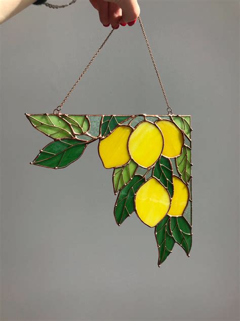Yellow Corner Branch of Lemons Suncatcher Ornament Stain Glass Tiffany Home House Decor Window ...
