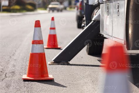 Orange Hazard Safety Cones and Work Truck 16375615 Stock Photo at Vecteezy