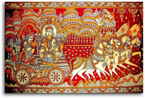 Tamatina Madhubani Art Canvas Painting for Home, Living Room, Hall | Krishna Arjun Traditional ...