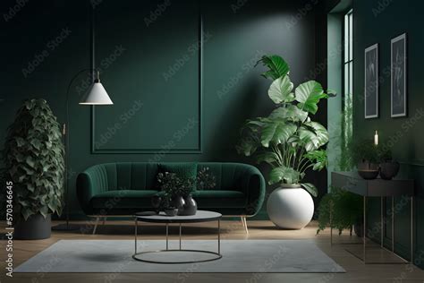 Modern cozy living room with monochrome emerald green wall ...