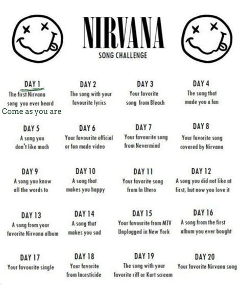 Nirvana Song Challenge-day 1 | Nirvana songs, Song challenge, Favorite ...