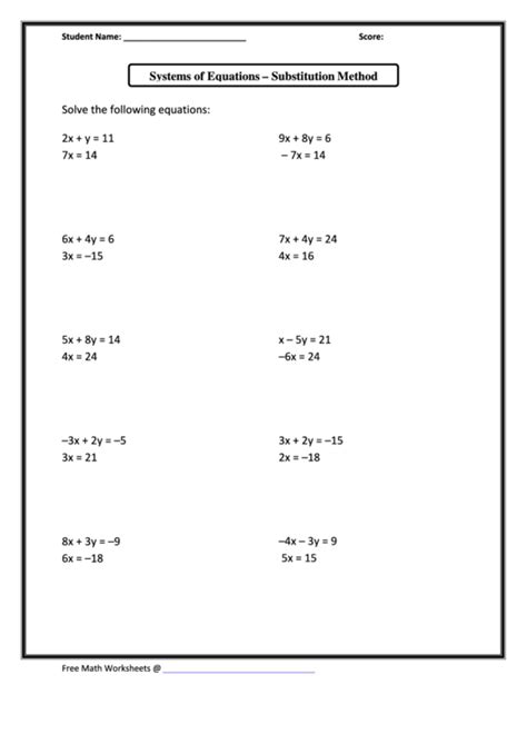 Systems Of Equations - Substitution Method Worksheet With Answers printable pdf download