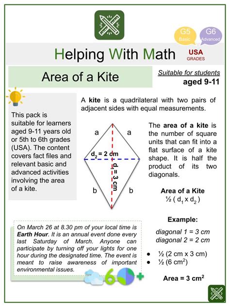 Area of a Kite Earth Hour Themed Math Worksheets | Age 9-11 years