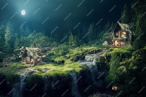 Premium Photo | A waterfall falling from underneath an elven house concept art background image