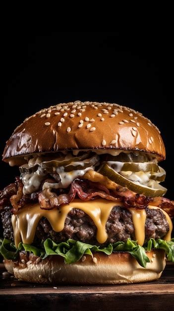 Premium Photo | A burger with bacon, cheese, and sauce on it