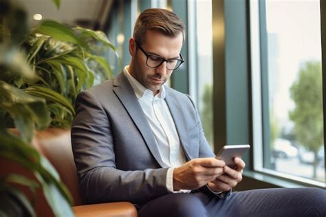 Premium AI Image | Man using cellphone in front of office