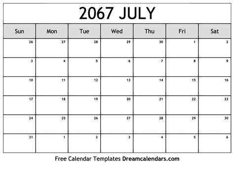 July 2067 Calendar - Free Printable with Holidays and Observances