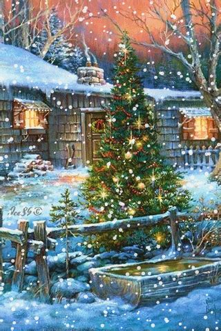 a painting of a christmas tree in front of a house with snow on the ground