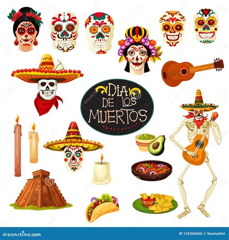 Dia De Los Muertos Symbols. Vector Greeting Card Stock Vector - Illustration of mexico, avocado ...