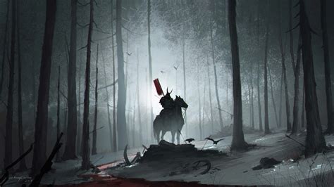 Dark Samurai in Enchanted Forest - HD Wallpaper