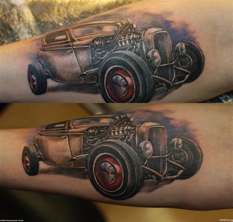 car tattoos | Grey Ink Hot Rod Car Tattoo On Arm | cool tattoos ...