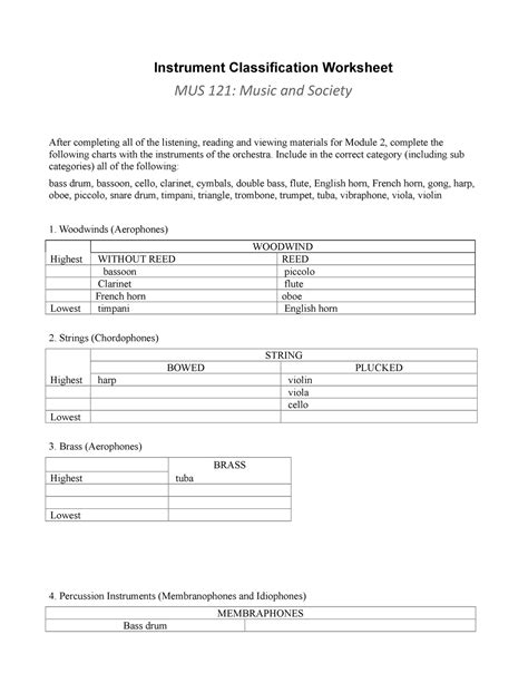 MUS 121 Instrument Classification Worksheet - Instrument Classification ...