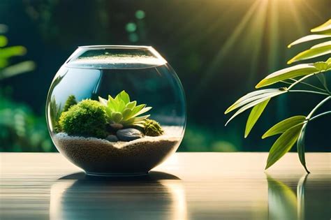 Premium Photo | A fish bowl with plants and plants on the table