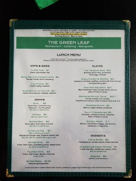 Menu at The Green Leaf restaurant, Palm Bay