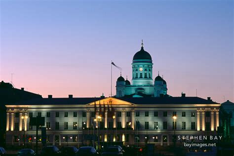 Photo: City Hall and Cathedral at night. St. Nicholas' Church. Helsinki, Finland.