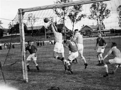 Shot for goal during soccer match in Brisbane ca 1937. Australia ...