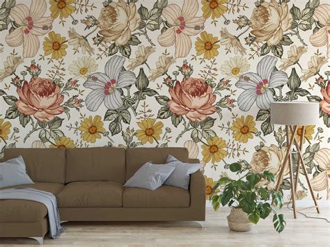 Vintage floral wallpaper peel and stick botanical beige | Etsy